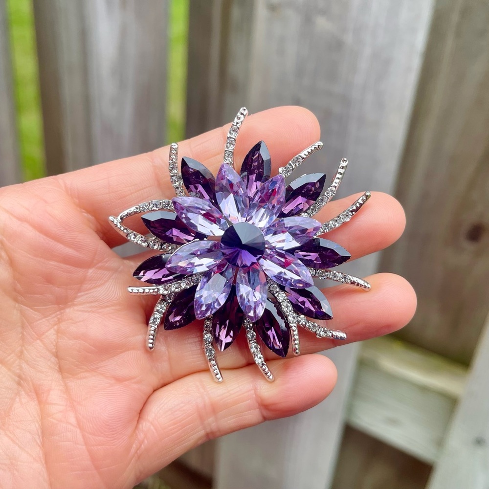 Large Purple Rhinestone Brooch Large Rhinestone Pin - Picture 4 of 5